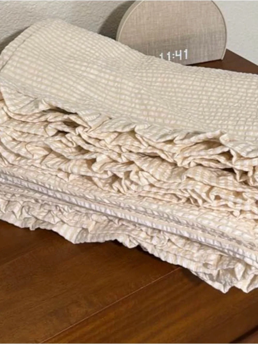 Anthropologie Seersucker Ruffle Curtain — Cream